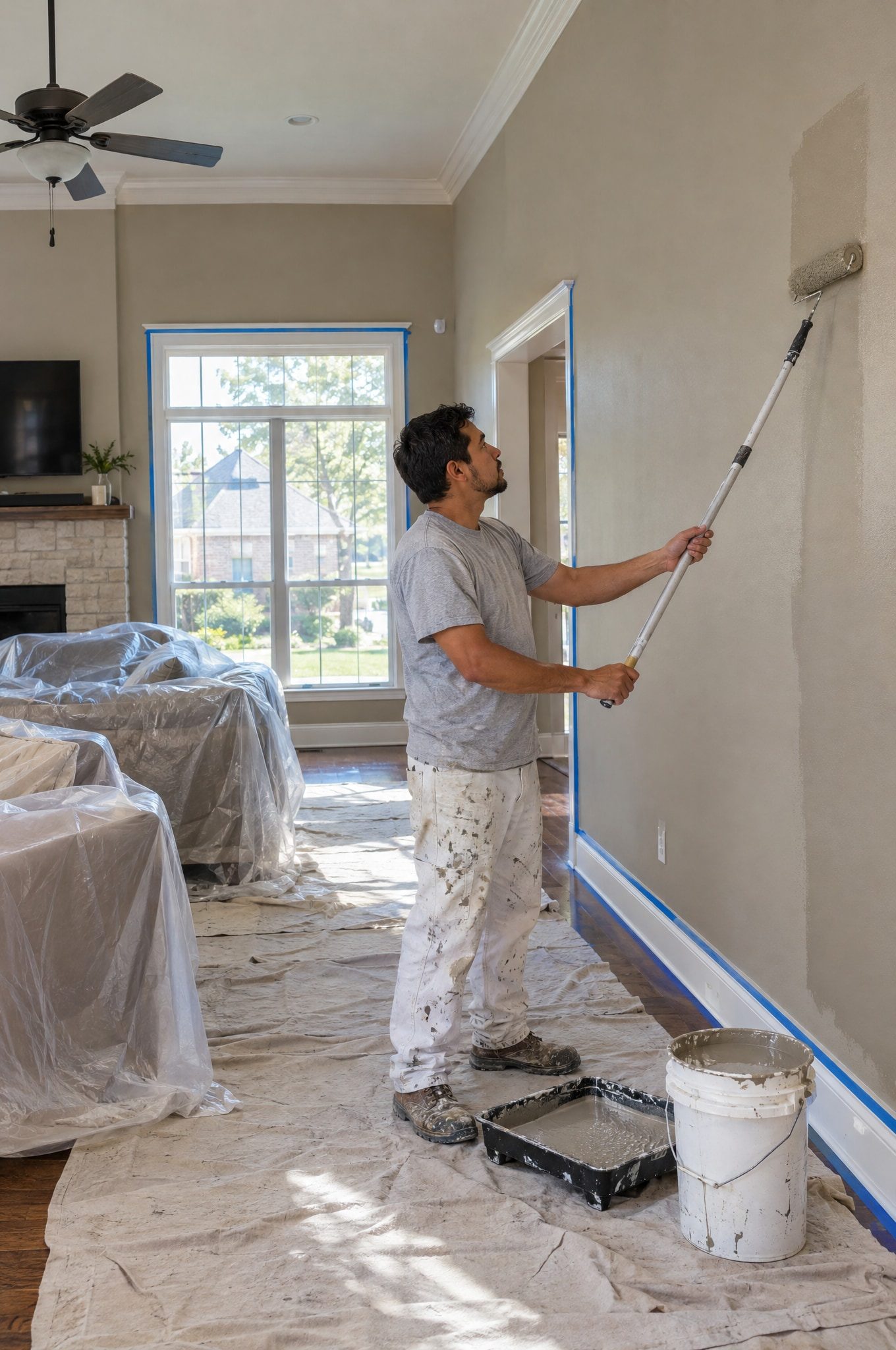 House painter rolling greige paint onto a living room wall, with furniture covered and drop cloths on the floor